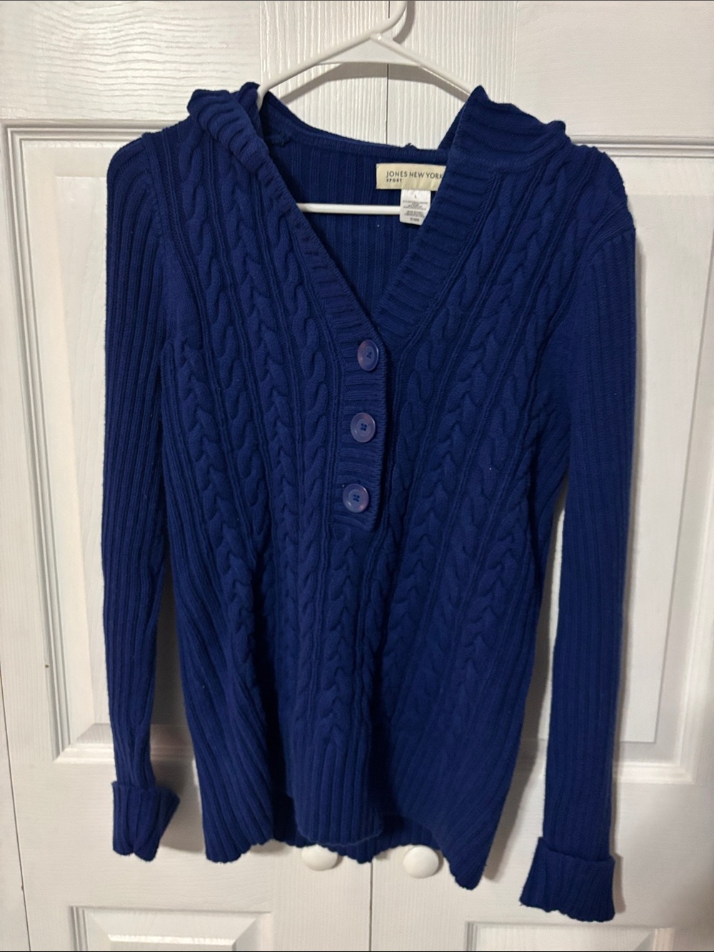 Jones New York Cable-Knit V-Neck Hoodie Sweater - Royal Blue
